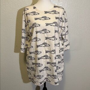 Vintage Fish Print Black & White Printed Cotton Tunic - Free Size